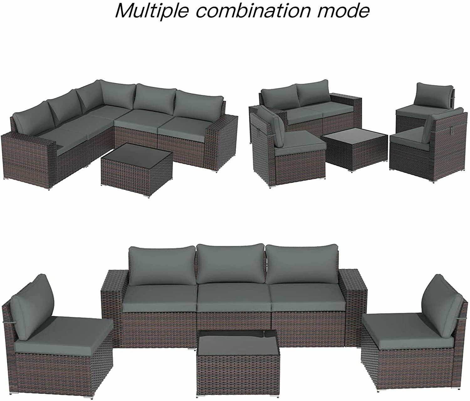 Gotland Outdoor Patio Furniture Set 6 Piece Sectional Rattan Sofa Set Rattan Wicker Patio Conversation Set with 5 Seat Cushions and 1 Tempered Glass Table,Grey
