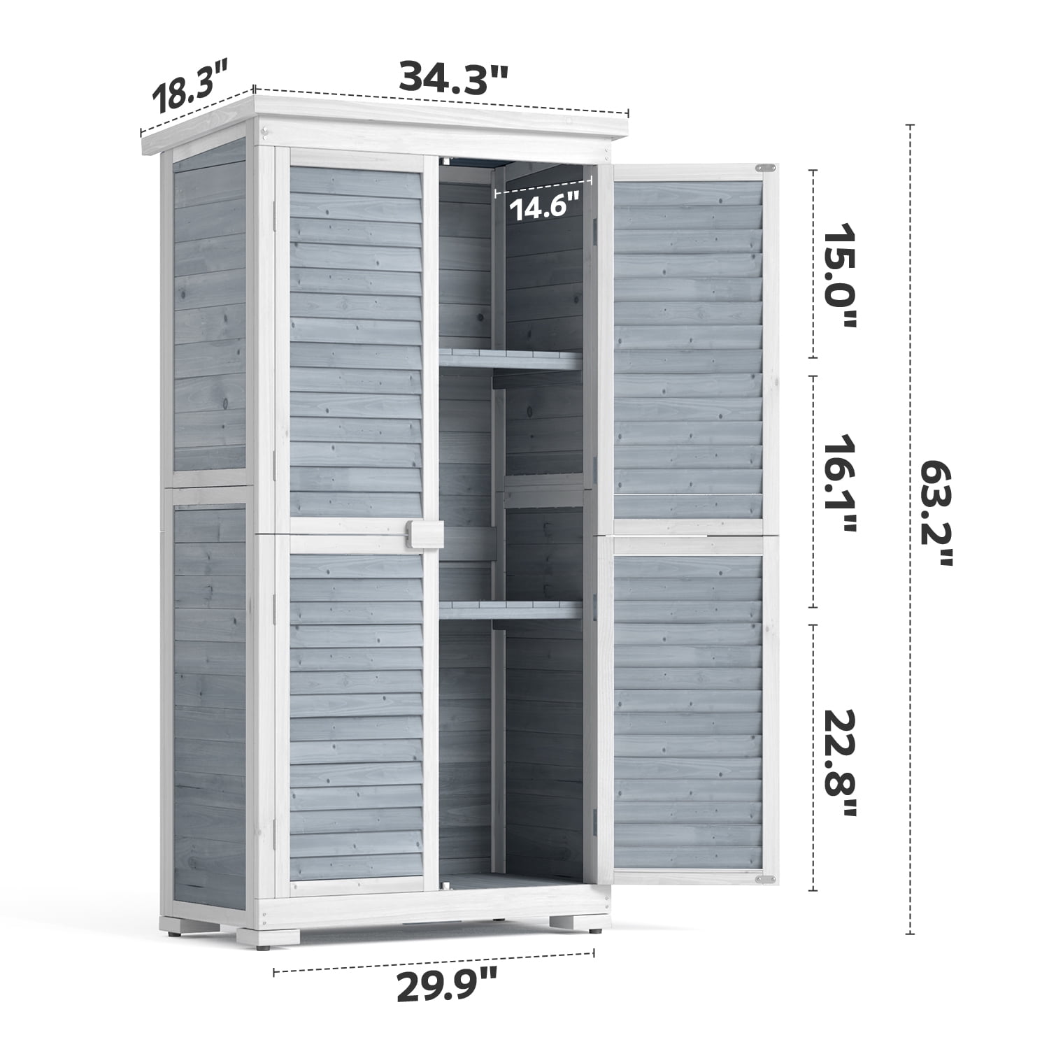 18.3"D x 34.3"W x 63.2"H (5.2 sq ft) Outdoor Wooden Storage Shed with Adjustable Shelves - Gray