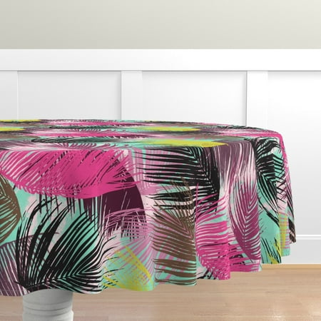 

Cotton Sateen Tablecloth 70 Round - Tropical Palm Leaves Pastel Pink Black Summer Tree Beach Print Custom Table Linens by Spoonflower