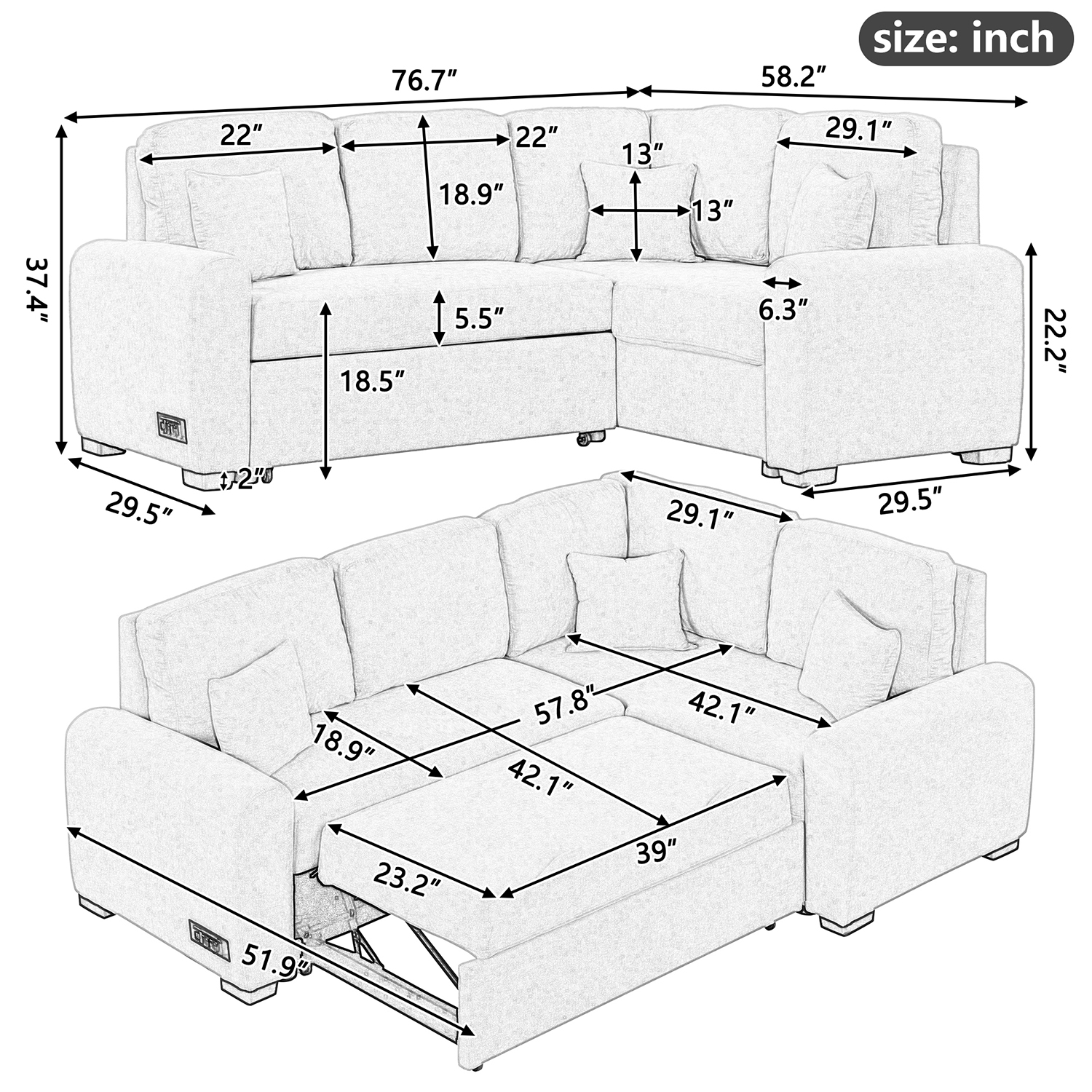 Kadyn 76.7" Sectional Sleeper Sofa, Velvet Pull-Out Sofa Bed with USB Charging Port, 3 Pillows and Plug Outlet, L-Shaped Upholstered Sofa Chaise for Living Room, Grey