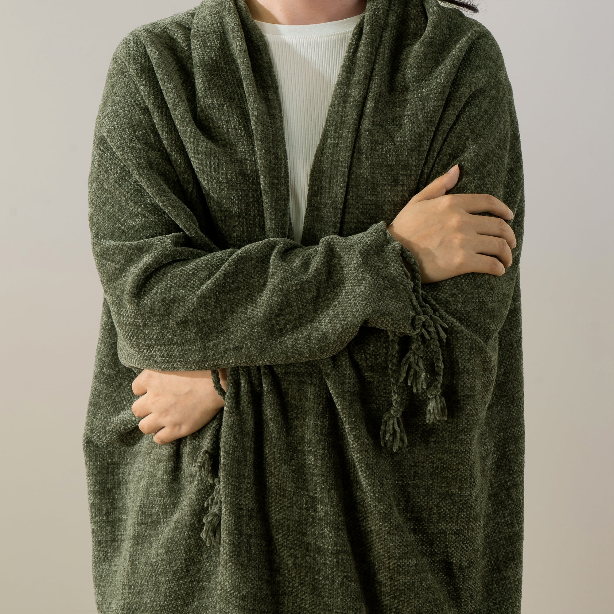 Battilo Olive Green Throw Blanket for Sofa Bed, Soft Cozy Chenille Blankets with Fringe Tassels,50"x60"