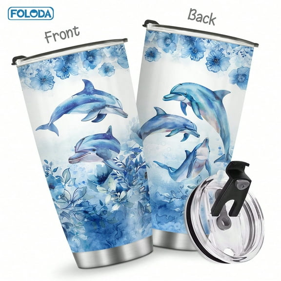 Foloda 1pc Cute Dolphin Gifts for Women, Dolphin Cup, Best Christmas Birthday Gift for Wife Mom Daughter, 20oz Stainless Steel Insulated Tumbler with Lid, Blue Dolphin Tumbler for Outdoor Camping Car