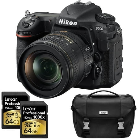 Nikon D500 20.9 MP CMOS DX Format Digital SLR Camera w/ AF-S DX NIKKOR 16-80mm f/2.8-4E ED VR Lens Kit Includes Dual Lexar 64GB Professional 1000x SDXC Memory Cards and Nikon Deluxe SLR Camera Bag