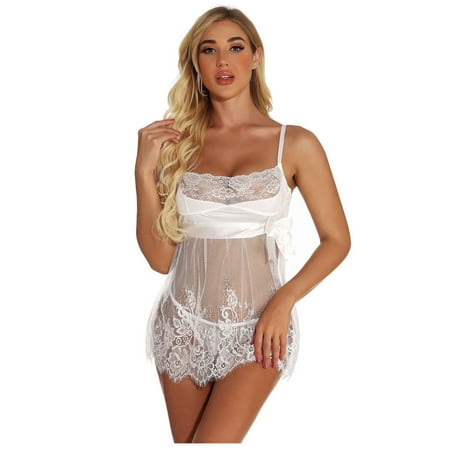 

DENGDENG Womens Bowknot Babydoll Sexy See Through Nightgowns for Women Thong Eyelash lace Mesh Lingerie Babydoll