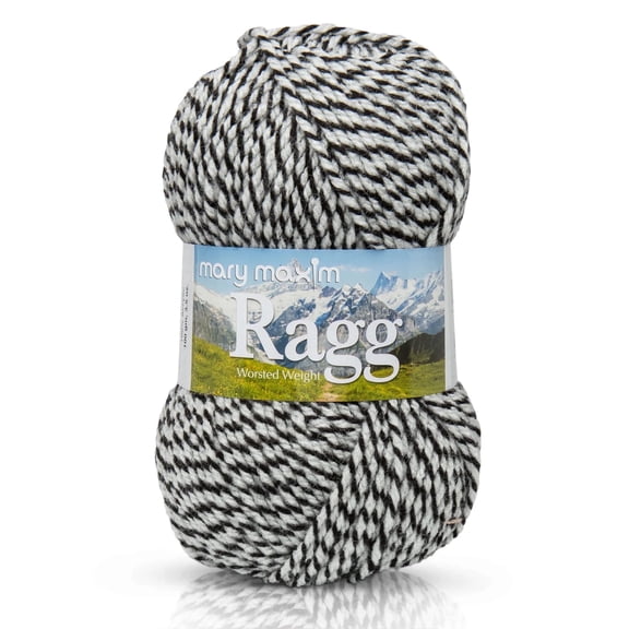 Mary Maxim Starlette Ragg Yarn Black and White Striped Variegated Yarn 216 Yards, Black