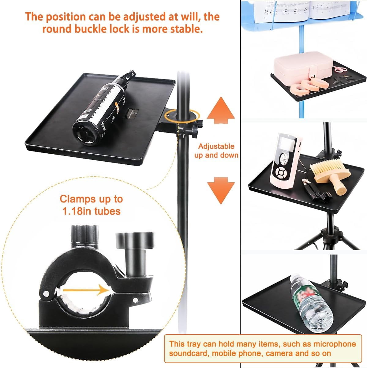 ABCISI Microphone Stand Tray, Adjustable Clip Stand Desk, Universal Microphone Stand Tray, 8.66 Inch X 6.5 Inch for Stage, Sheet Music, Live Broadcast, Recording (Stand not included)