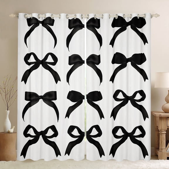 Manfei Girls Black Ribbon Curtains Pack of 2 (42x84 Each), Cartoon Bowknot Bow-tie Curtains Blackout, Princess Bow Style Bedroom Curtains, Curtains and Drapes Home Decor