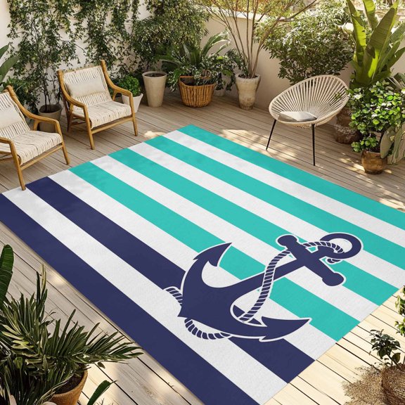Navy Blue Anchor Outdoor Area Rug 5x8ft Decorative Indoor Outdoor Rug Nautical Stripes Patio Area Rug for Porch, Deck, Balcony, Entryway, Camping & RV