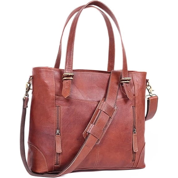 17-inch Large Leather Tote Bag for Women Genuine Brown Leather Laptop Bag with Zipper Professional Briefcase, Computer Tote for Work, Business, Travel, & Daily Use