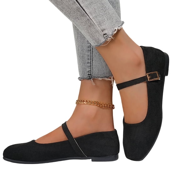 HTHLVMD Mary Jane Ballet Flats, Women's Suede Comfort Flats, Adjustable Strap Dress Shoes, Flats for Women Comfortable Square Toe Slip On Flats Soft Work Flats Retro Mary Jane Flats, Black 6