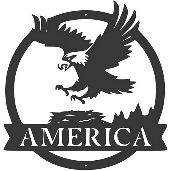 Eagle America Sign Vintage Laser Cut Metal Wall Art for Rooms,Garage and Offices, 15 x 15 Inches Rustic Bald Eagle Bird Sign With Durable Hanging in Black Color