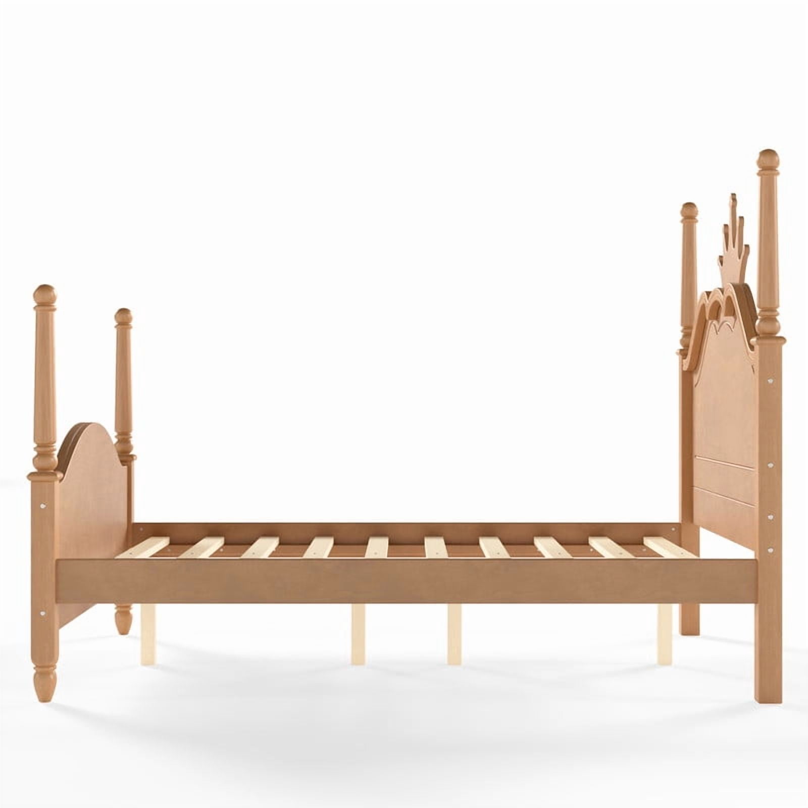 Full Size Kids Low Profile Platform Bed, Curved Footboard Four Poster Bed, Wooden Princess Bed Frame with Crown Shaped Headboard