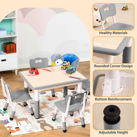 Kids Table & 4 Chairs Set – Adjustable Height Children’s Desk with Writable Erasable Top, Easy Clean Surface, Ergonomic Plastic & MDF Design for Learning, Drawing, Eating – Ages 2-10, Grey