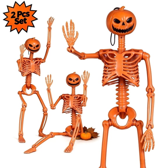 2Pcs 15" Halloween Pumpkin Skeleton for Yard Garden Props Halloween Party Decor