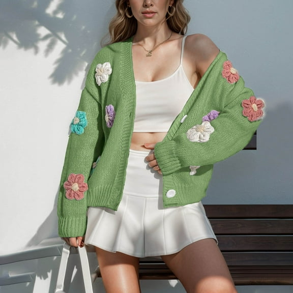 Women's Flower Decor Sweater Cardigan Loose Button Down V Neck Open Front Long Sleeve Lightweight Fall Clothes (L, Green)