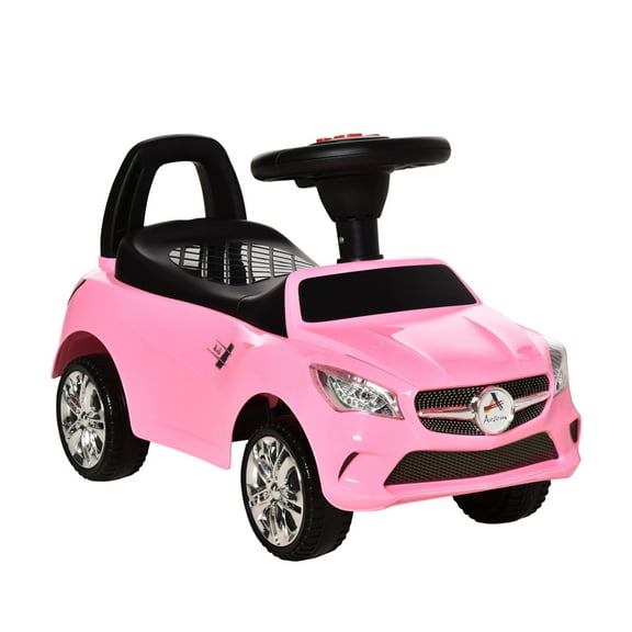 Aosom Kids Ride On Push Car, Foot-to-Floor Walking Sliding Toy Car for Toddler with Working Horn, Music, Headlights and Storage, Pink Pink Metal