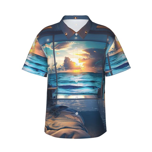 Fotbe Ocean View Bedroom Camisa Hawaiana para Hombre Unisex – Camisa Casual de Verano con Botones de Manga Corta de Algodón y Lino,Medium