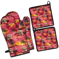 Golden Retriever Hawaiian Kitchen Oven Mitt and Pot Holder Sets 4 Pcs for Baking, Cooking and Grilling, Heat Resistant Up To 392 °F