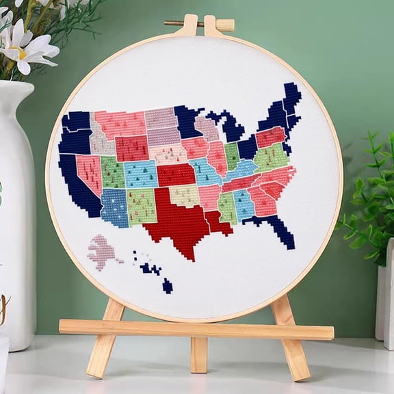 DIY Cross Stitch Kits Watercolor USA Map Easy for Beginners with Hoop 11CT Needlepoint Embroidery Counted Stamped Cross Stitch Set Craft Wall Decor 20x20cm(2)