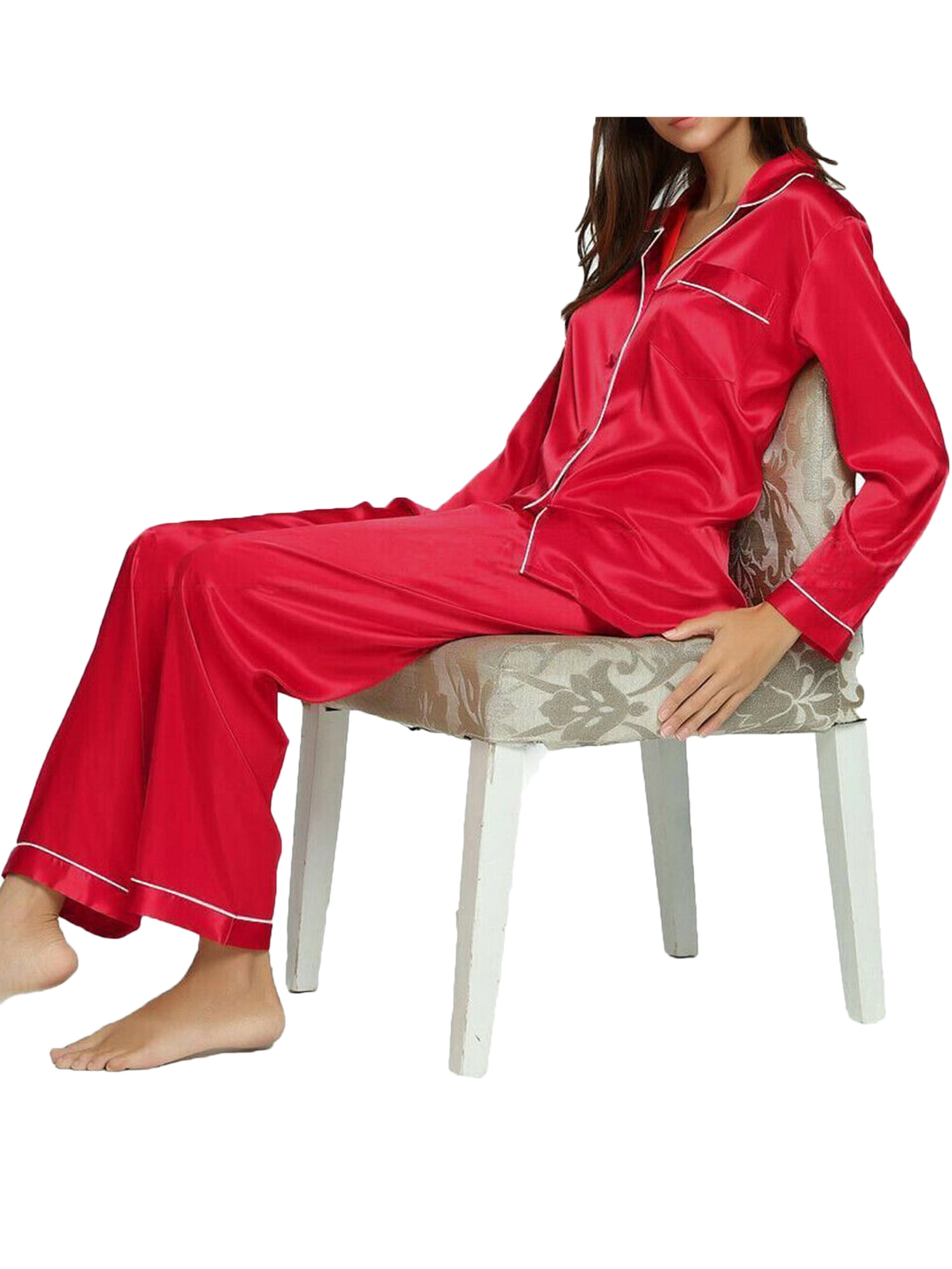 Womens Girls Silk Satin Pajamas Set Long Sleeve Loose Sleepwear ...