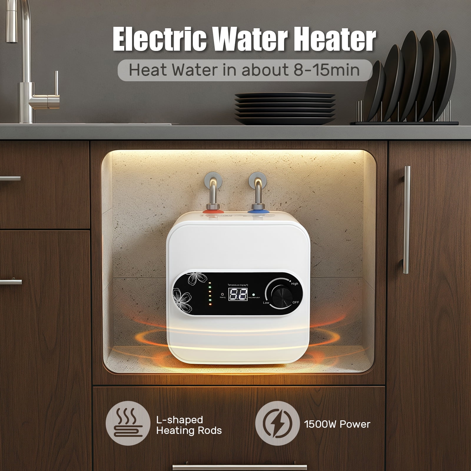 Instant Hot Water Heater 4 Gallon, 1500W Electric Mini Tank Water Heater for RV, Rapid Heating with Auto Shut-Off, IPX4 Waterproof, 150 Psi Pressure Resistance