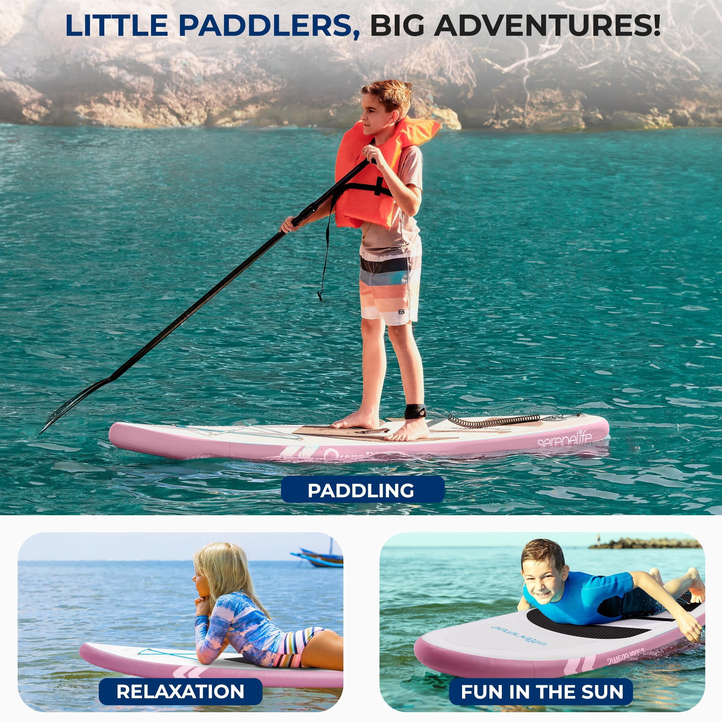 Free-Flow Welded Inflatable Kids Stand-Up Paddle-Board with Single-Action Hand Pump, 3-Shaft Aluminum Paddle