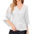 thumbnail image 2 of JGNGSHN Womens Sparkly Sequin Tops Dressy 3/4 Sleeve V Neck Wrap Shimmer Glitter Blouse for Evening Party Club Cocktail White XXXL, 2 of 7