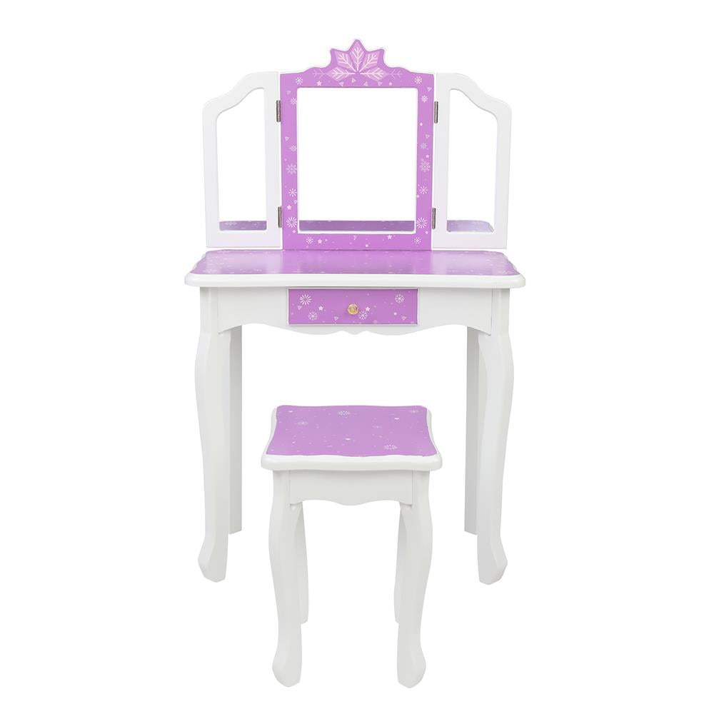 Zimtown Kid's Vanity Table Wooden Makeup Desk W/ Mirror,Stool,Drawer Purple