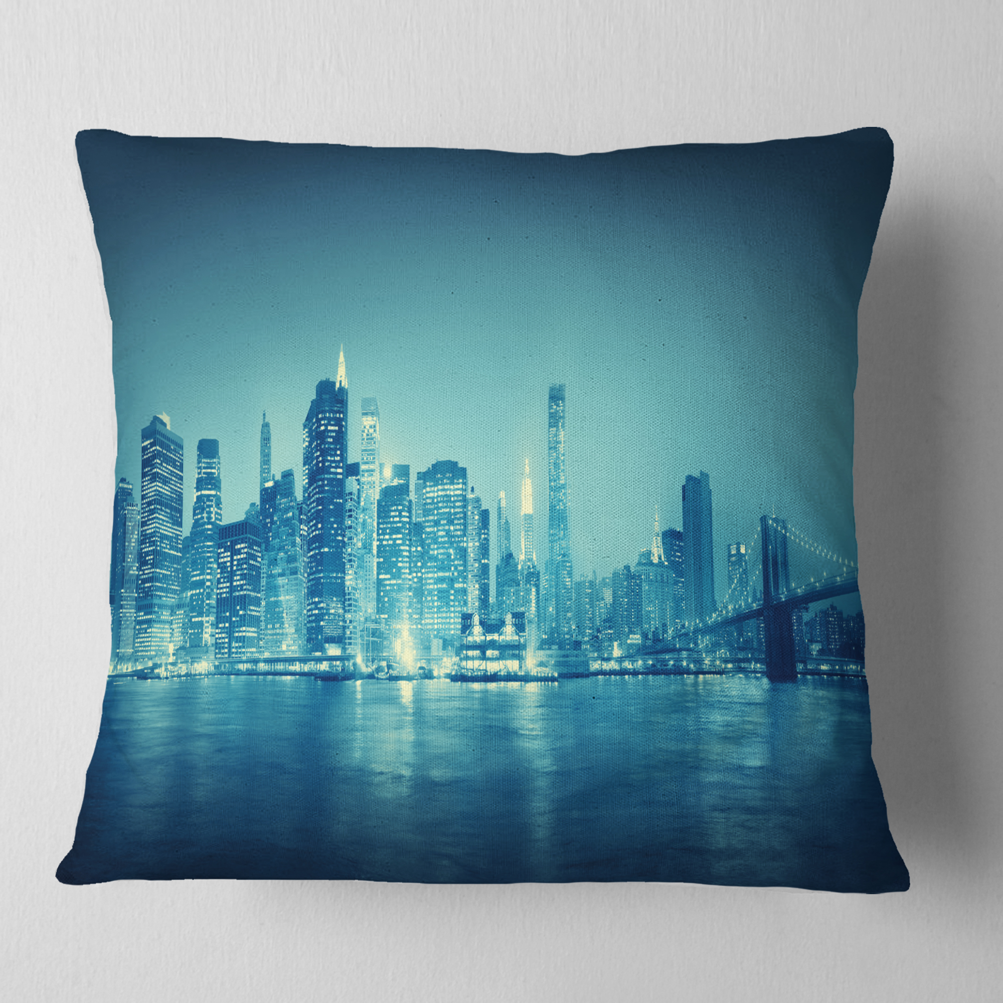 Designart Blue New York at Night - Cityscape Digital Throw Pillow - 18x18