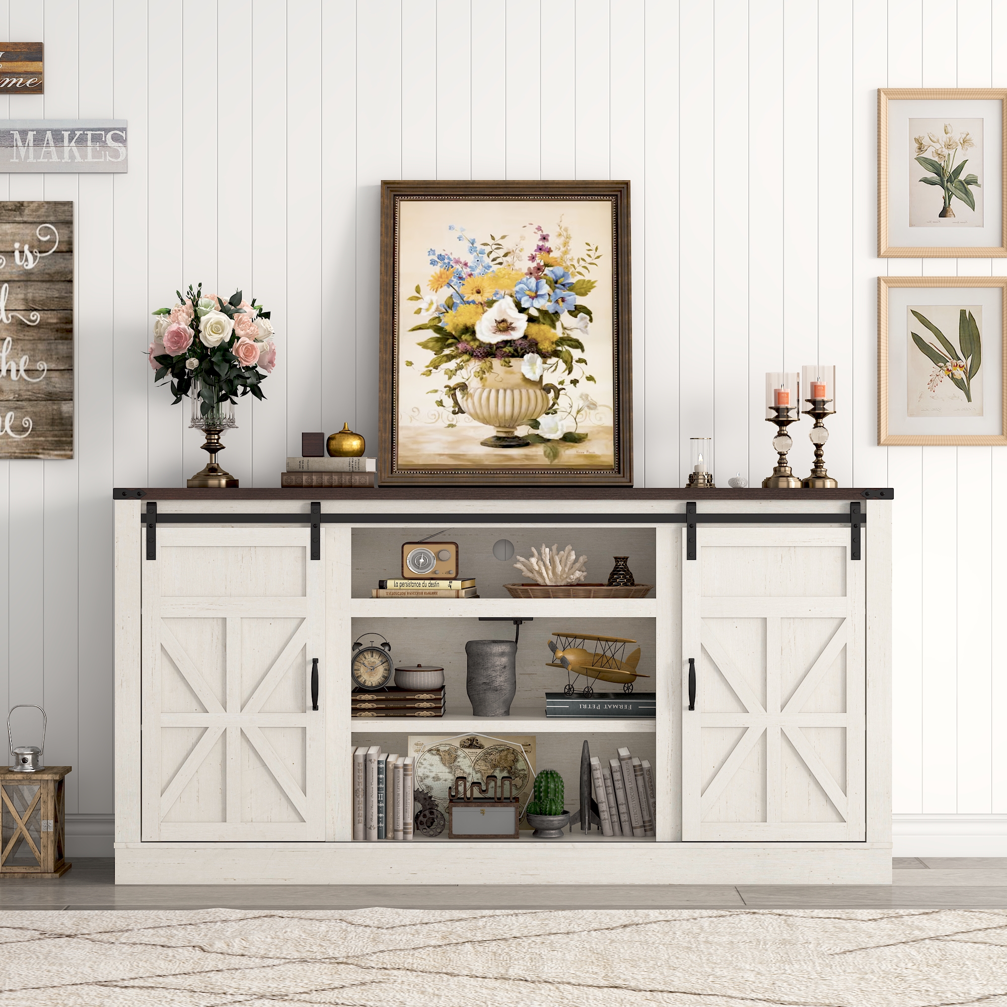 Chvans 66" Farmhouse TV Stand with Sliding Barn Doors & Charging, White photo 7
