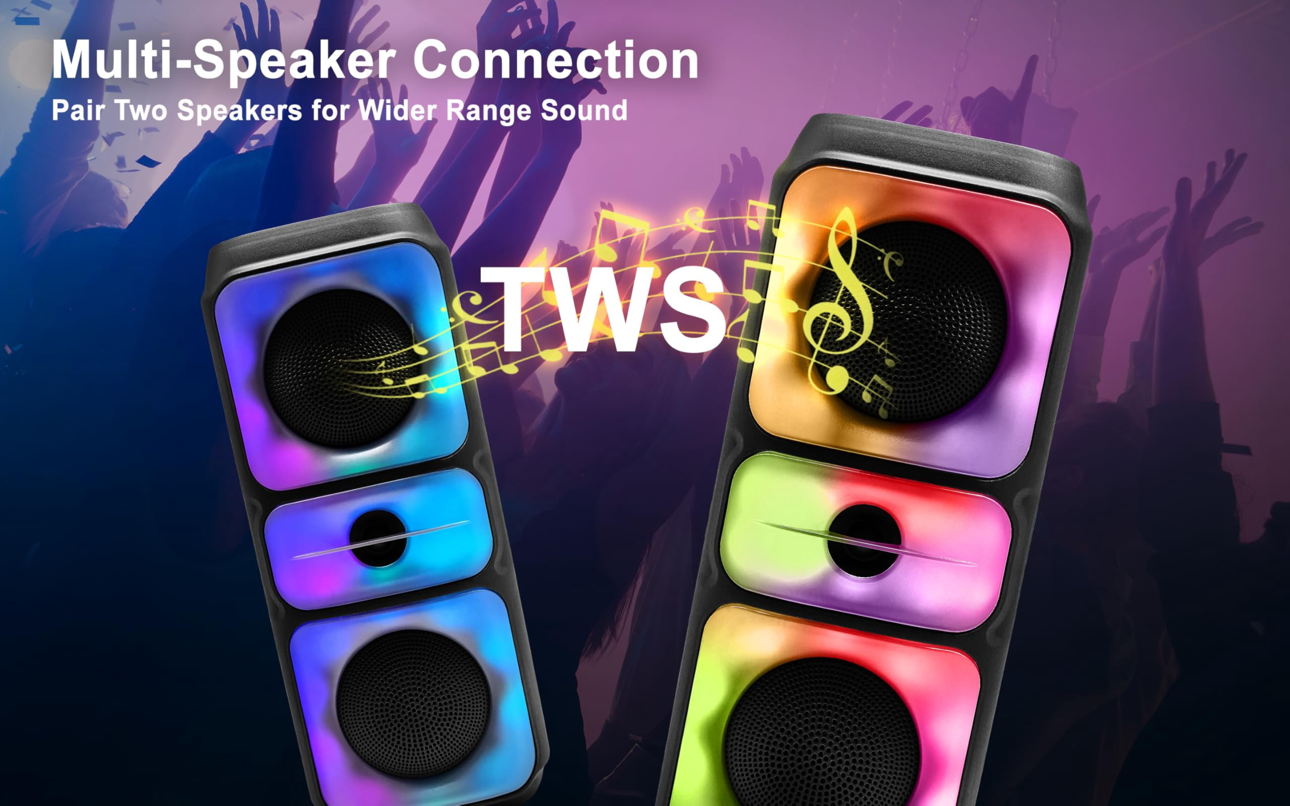Fisher Portable Bluetooth Wireless Speaker System: Dual 4" 20W Peak Power|Loud HD Deep Bass Sound & LED Lights, Rechargeable|TWS Pairing|Long Lasting Battery, USB Port, TF, AUX, Handle Bar