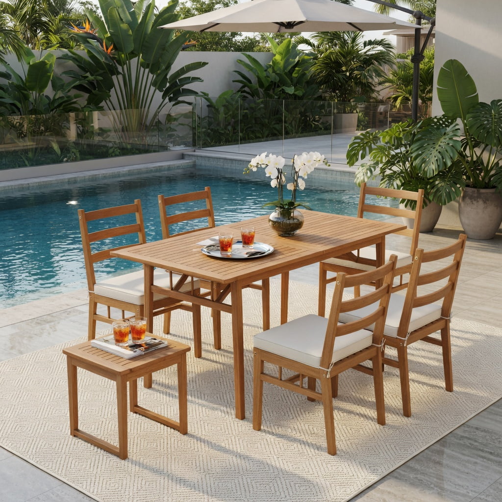Hommoo Set of 4 Outdoor Acacia Wood Dining Chairs with Removable Polyester Cushions, Heavy-Duty H-Frame, White