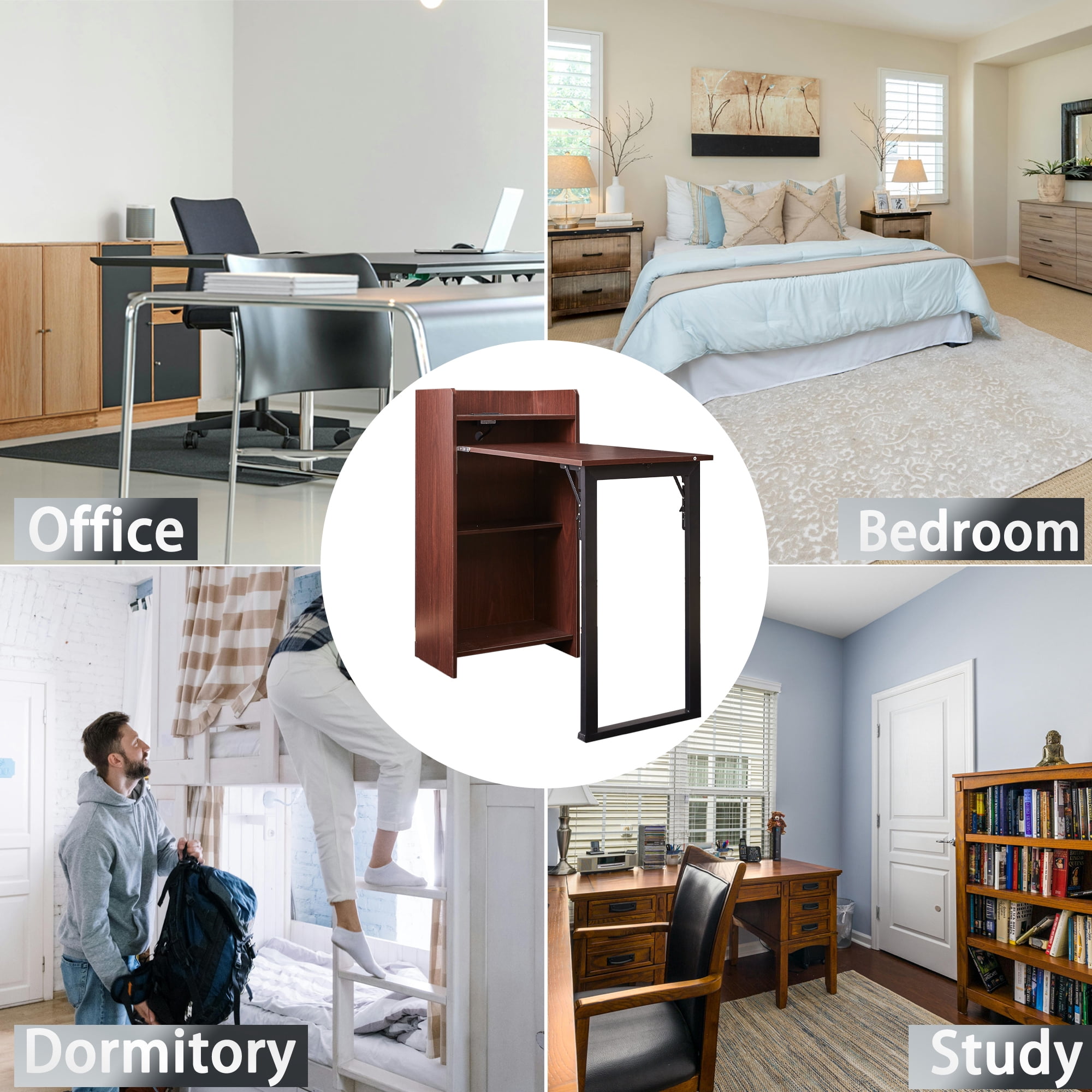Haooyeah 37" Foldable Storage Desk with Charging Station, Space-Saving Desk with Raised Surface, Multi-functional Desk for Home Office, Bedroom, and Small Spaces