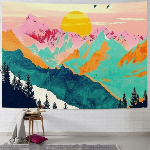 PRATYUS Mountain Tapestry With LED Strip Lights, Forest Tree Tapestry Sunset Tapestry Nature Landscape Tapestry Wall Hanging With RGB Strip Lights for Room Painting
