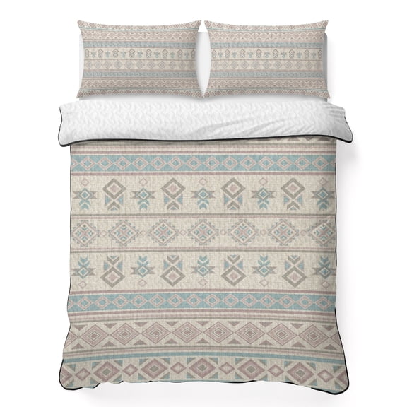 Quilts Queen Size Bedding Set, Blue Grey Boho Striped Lightweight Quilted Comforter, Southwestern Ethnic Tribe Vintage Soft Reversible Bedspread Coverlet with Pillow Covers for All Season, 90" x 96"