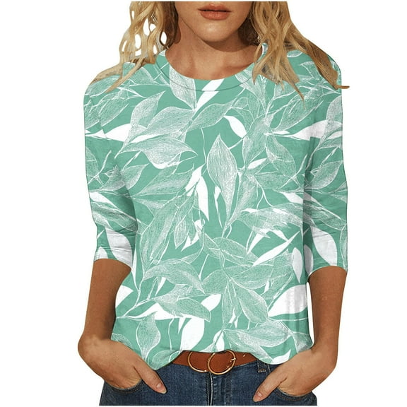 ZQUUVOU Women's T-Shirts Casual Boho Printed Crew Neck 3/4 Sleeve T-Shirt Tops(C-Mint Green,XL)