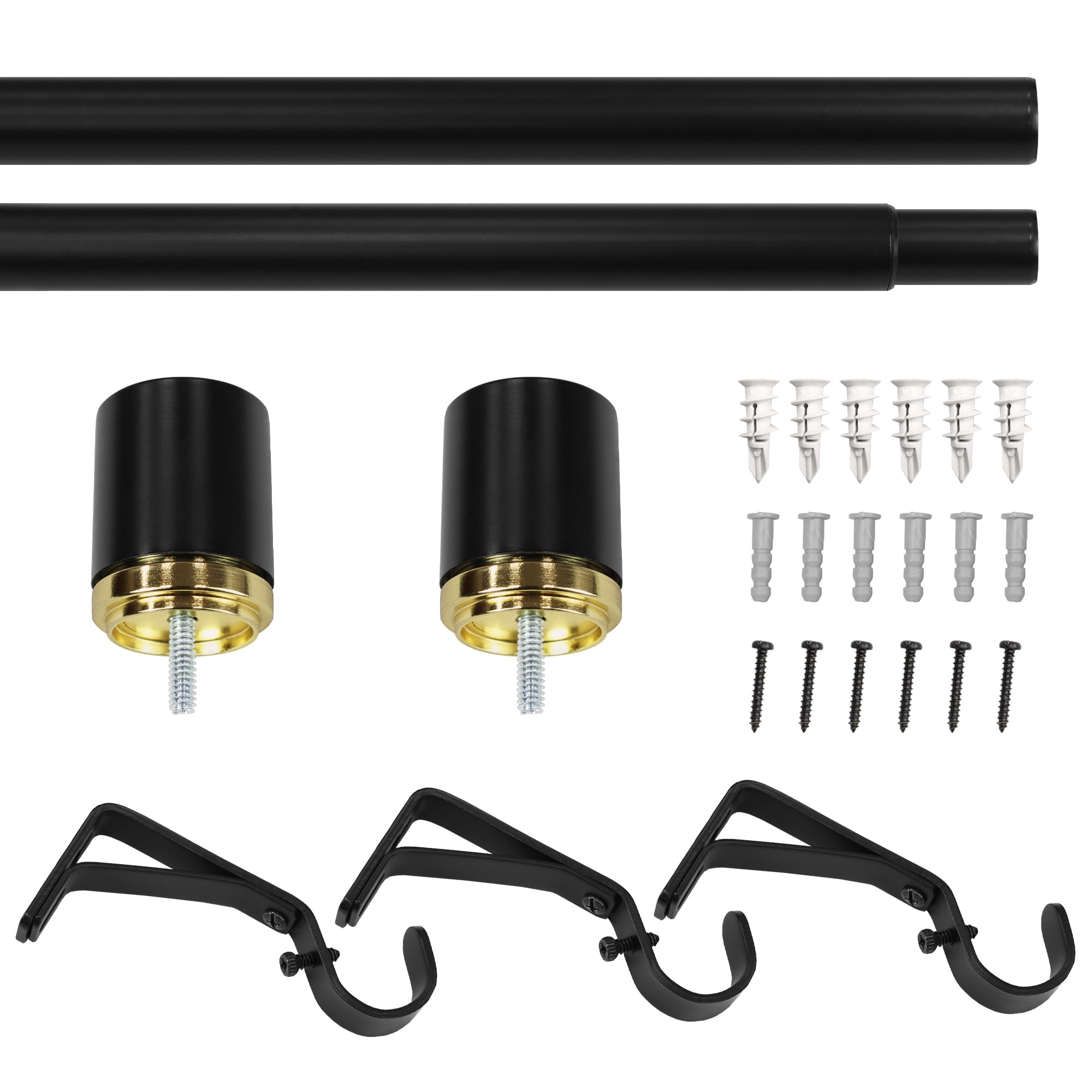 Better Homes & Gardens 1" Matte Black with Brass Neck Cylinder Adjustable Single Curtain Rod Set, 120"-180"