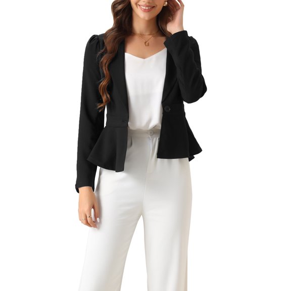 INSPIRE CHIC Women's Dressy Elegant Peplum One Button Long Sleeve Ruffle Hem Blazer L Black