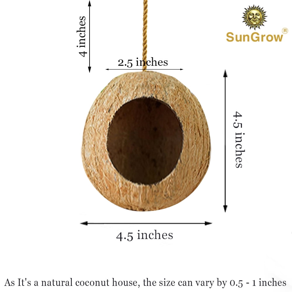 SunGrow Finch & Budgie Coconut Shell Breeding Nest & Bird Seed Storage, Shelter from Cold Weather & Tropical Garden Decor
