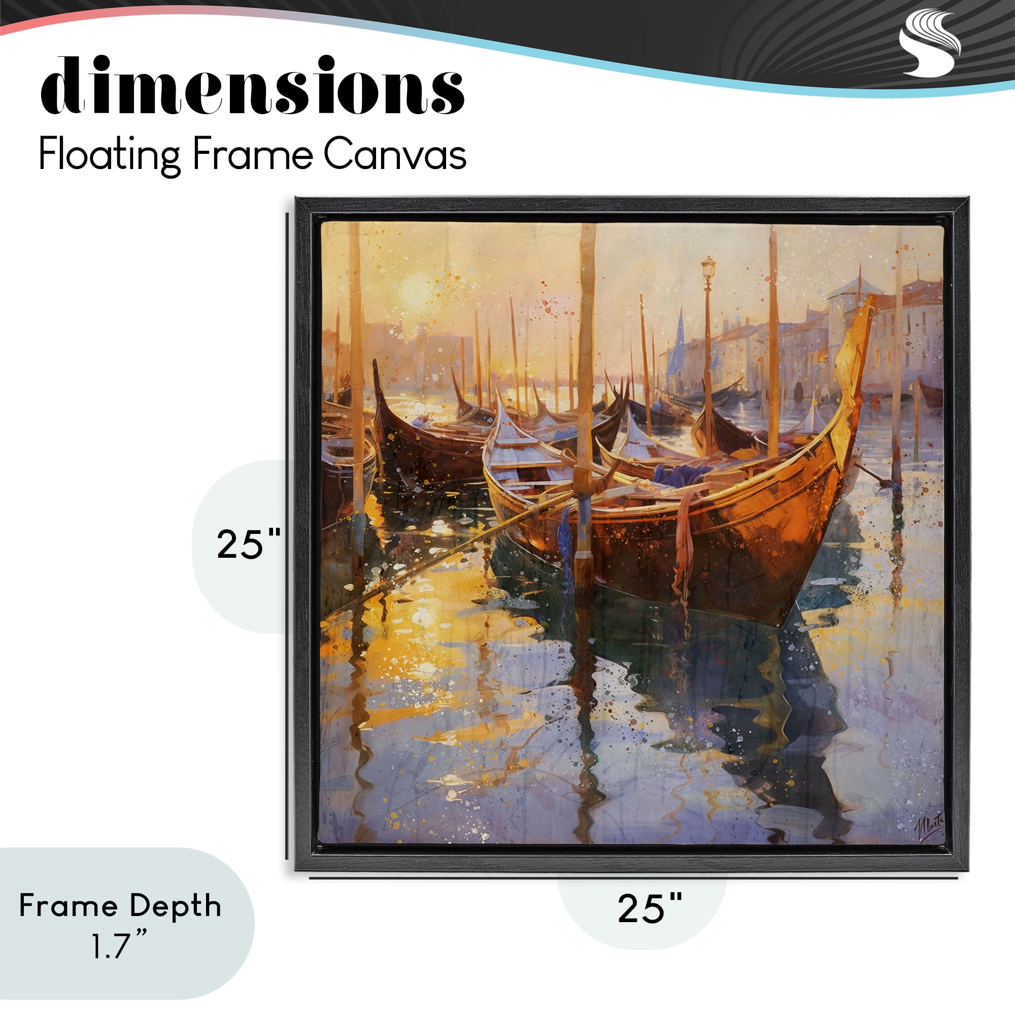 Stupell Industries Venetian Gondolas in Golden Light Black Framed Floater Canvas Wall Art, design by Marta Wiley
