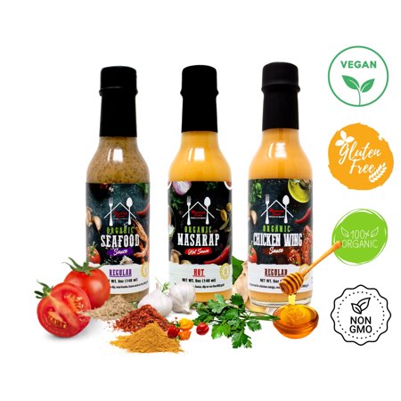 Hot Sauce 3 Pack - Gourmet Vegan Hot Sauce, Chicken Wing Sauce, and Seafood Sauce - Gluten-Free, Organic, 5 oz Bottles