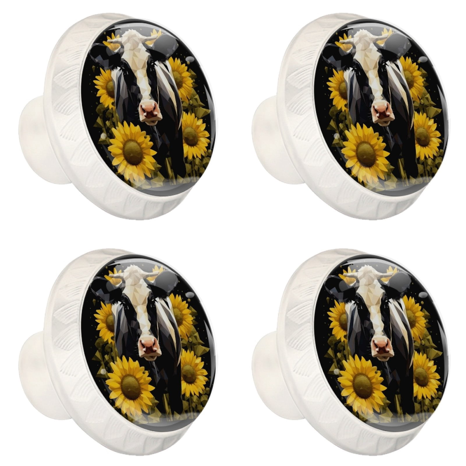 4 Pcs Cow and Sunflower Knobs for Kitchen Cabinet Cupboard Dresser Bookcase Drawer Pulls Handles Round Home Decor