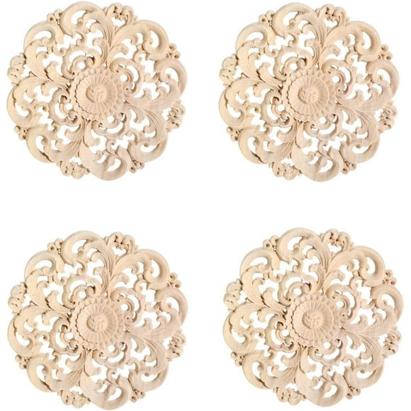 shiyou-Round Wood Appliques Onlays, 4-Pack Unpainted Wooden Carved Flower Carvings Decals for Wall Cupboard Mirror Mantel Door Bed Cabinet Ceiling Dresser Furniture Refurbish Project, 12cm/4.72"