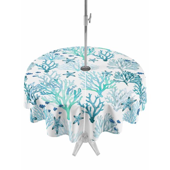 Outdoor Tablecloth with Umbrella Hole for Patio/Picnic/Party/Camping, Ocean Coral Waterproof Table Cloth Round Cover Washable, Summer Nautical Coastal Coral Starfish Blue Green (Dia 60")