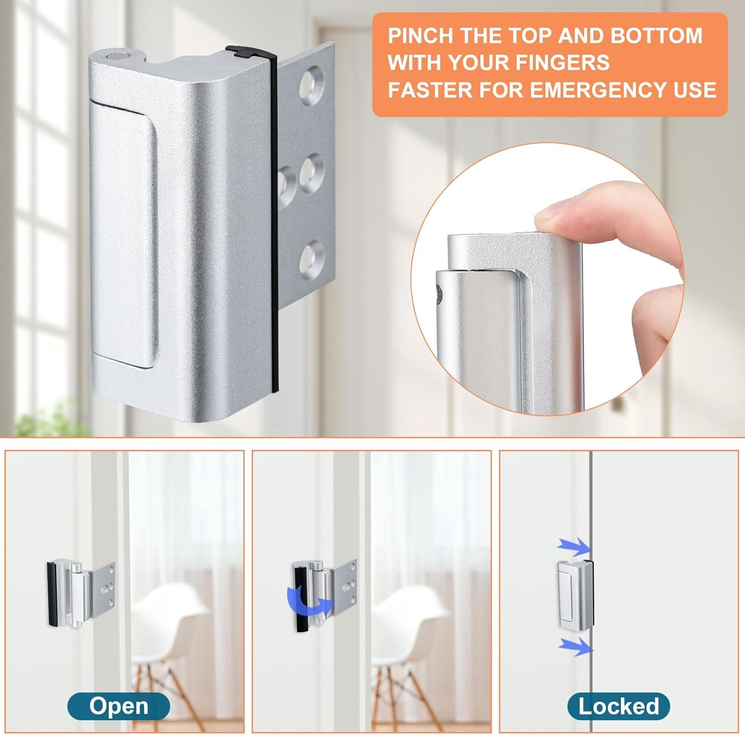 Home Security Door Lock 2 Pack Childproof Door Reinforcement Lock 3 Inch Stop Withstands 800 Lbs For Inward Swing Doors Silver