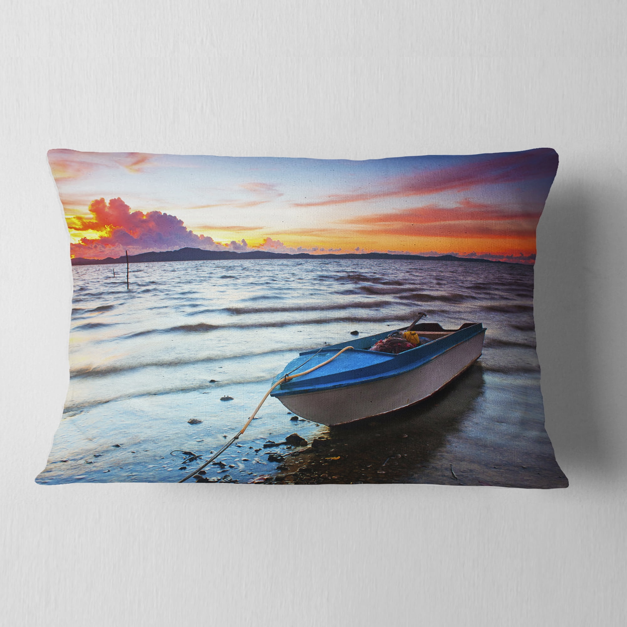 Designart Boat at the Sunset - Landscape Photography Throw Pillow - 12x20