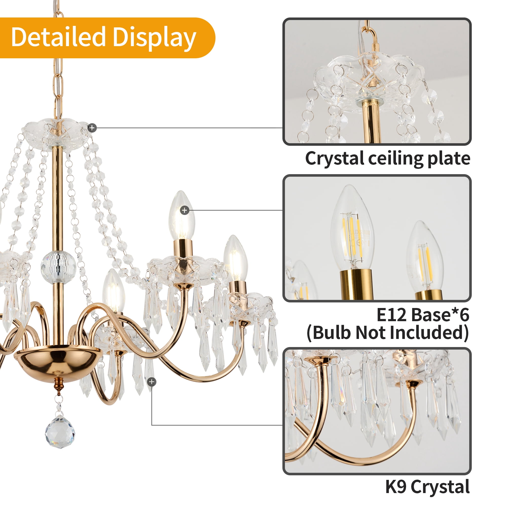 Crystal Chandelier,Gold Pendant Lighting for Living Room 6 Hanging Ceiling Fixture for Wedding,Kitchen,Dining,Foyer,H 18.5" x W 21.3"