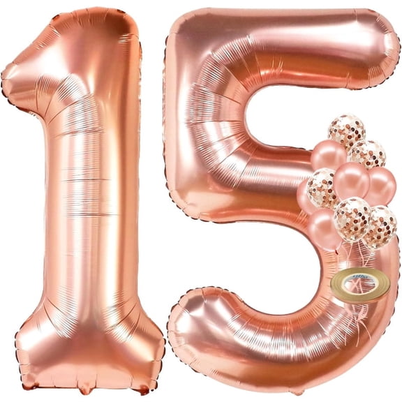 12Pcs Rose Gold 15th Birthday Party Decorations 32Inch Number 15 Foil Balloons 12Inch Latex Confetti Balloons for 15 Year Old Girls Princess Birthday Anniversary Party Home Decorations Supplies