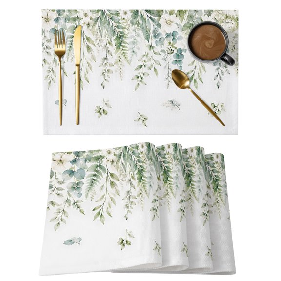 Green Flower Leaf Placemats Set of 6 Rustic Farmhouse Botanical Plant Heat Insulation Washable Place Mats, Non-Slip Table Mats for Dining Table Party Kitchen Decor, 13x19 Inch