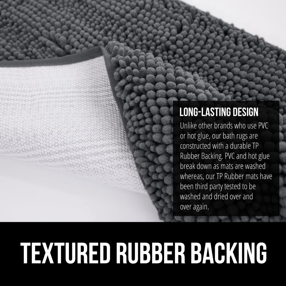 GORILLA GRIP Chenille Bath Rug 24x17, Rubber Backing Quick Dry Washable Microfiber Mats, Charcoal